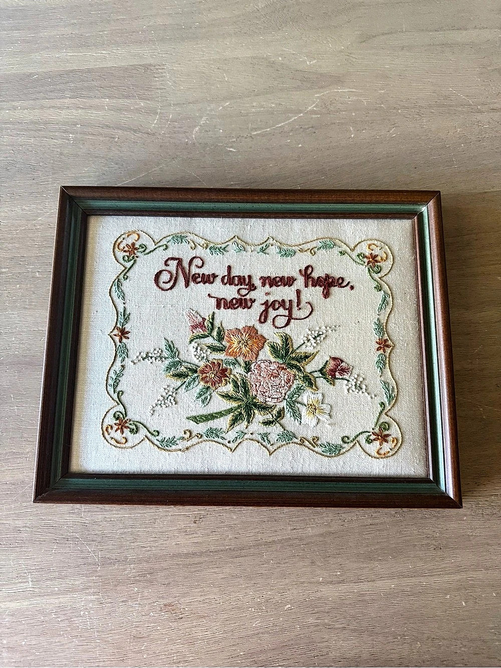 Vintage handmade crewel embroidered quote art with florals